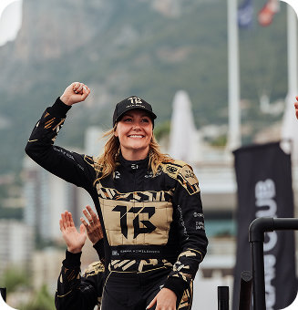 Female racer celebrating victory
