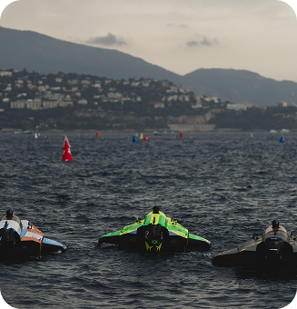 Racing boat on scenic water